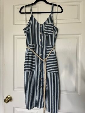 Gilli Striped Denim and White Button-Front Midi Dress with Rope Belt - Size S
